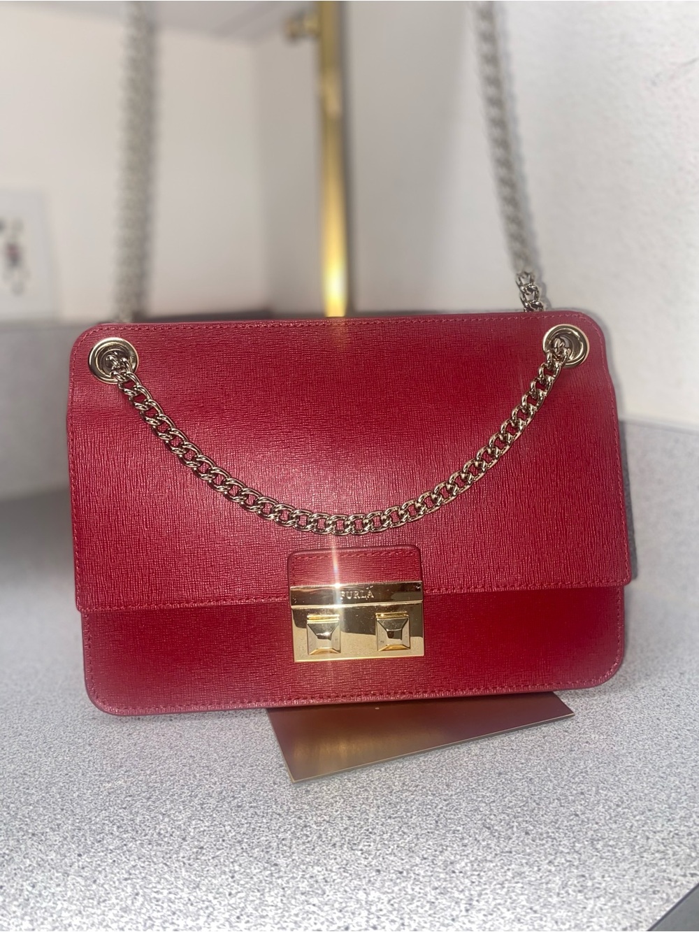 Furla Metropolis Medium Red Saffiano Leather Chain Shoulder Bag